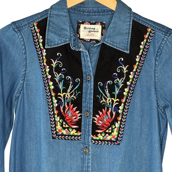 Anthropologie Holding Horses Denim Embroidered Shirt Women's Size 0 Western Boho - Picture 2 of 11